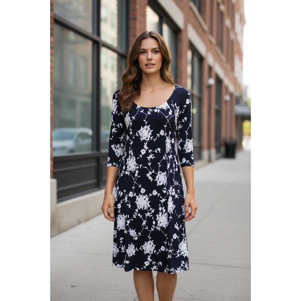 Rabbit Rabbit Rabbit Designs floral knit  fit and flare dress Sz.16 Blue